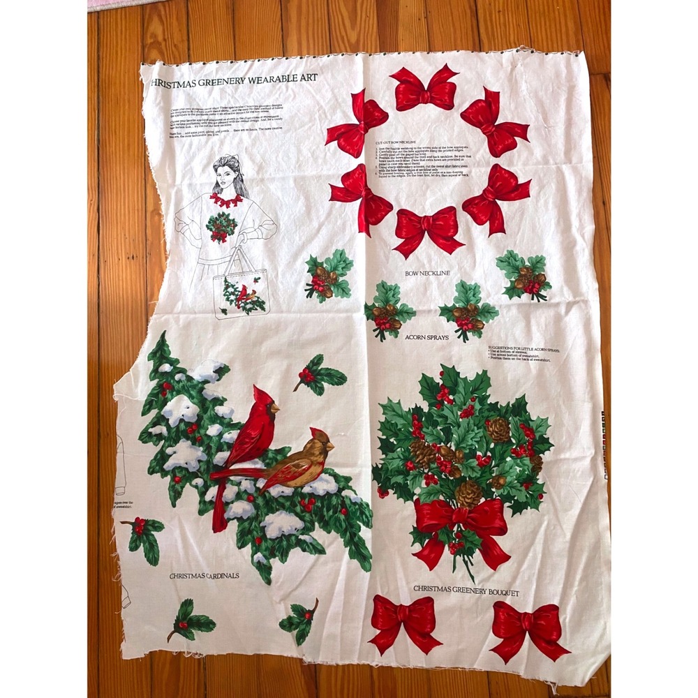 Set of 2 Vintage 80's Christmas Greenery Wearable Art DIY Fabric Panel Applique